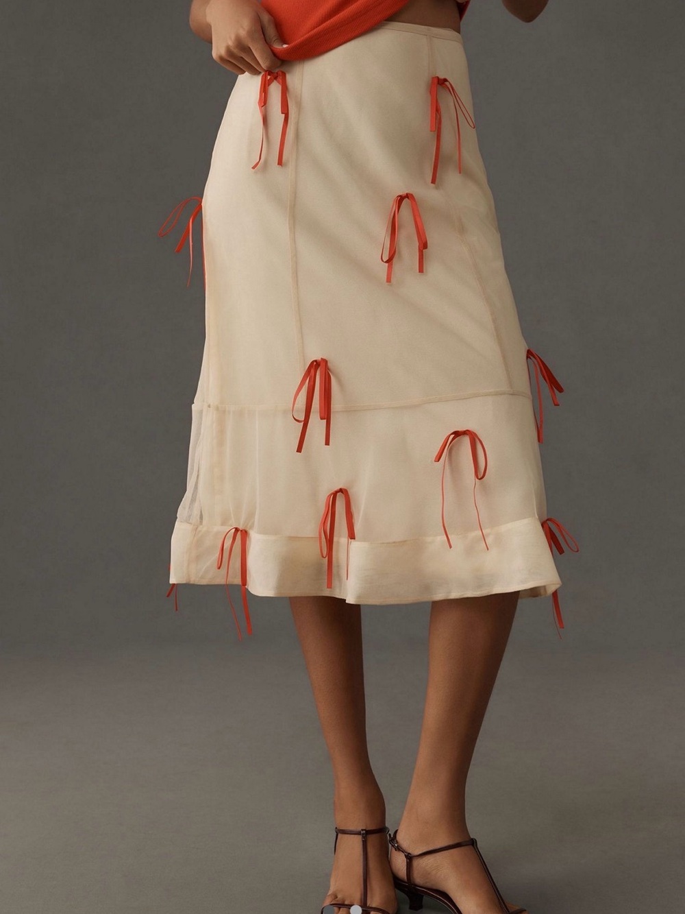 Anthropologie Cream Midi Skirt with Orange Ribbon Ties